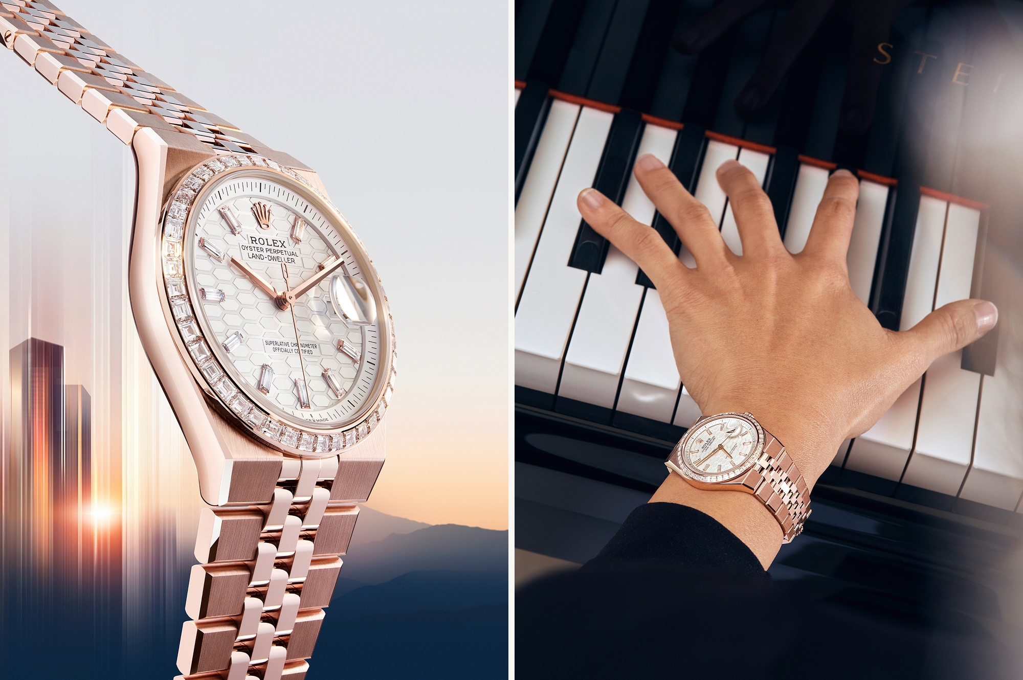 Đồng hồ Rolex Land-Dweller vàng Everose với dây Jubilee phẳng tích hợp và mặt số tổ ong, được ghi cận cảnh và trên cổ tay khi chơi piano.