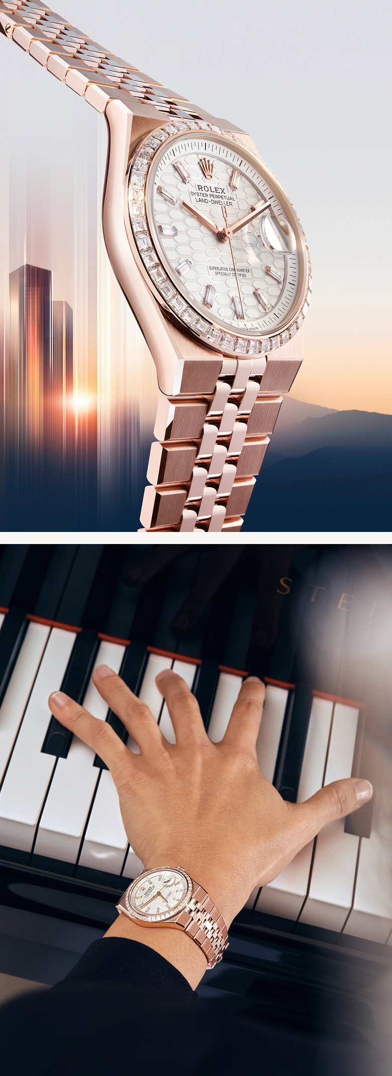 Đồng hồ Rolex Land-Dweller vàng Everose với dây Jubilee phẳng tích hợp và mặt số tổ ong, được ghi cận cảnh và trên cổ tay khi chơi piano.