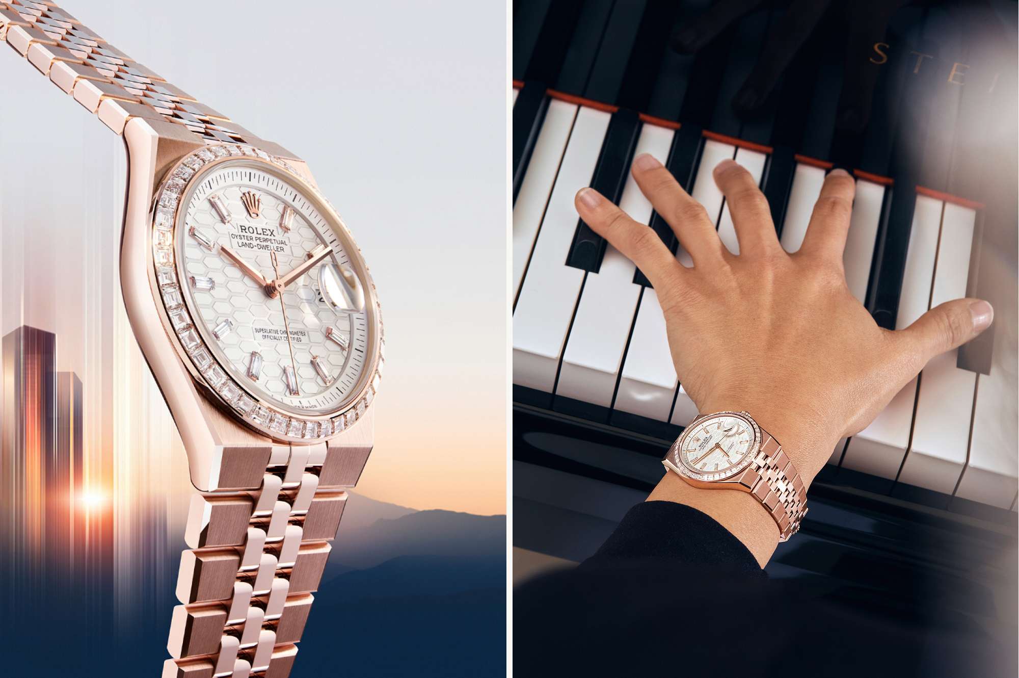 Everose gold Rolex Land-Dweller with integrated Flat Jubilee bracelet and honeycomb dial, captured in a detailed view and on the wrist at a piano.