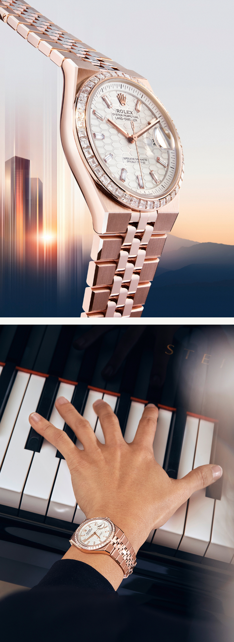 Everose gold Rolex Land-Dweller with integrated Flat Jubilee bracelet and honeycomb dial, captured in a detailed view and on the wrist at a piano.