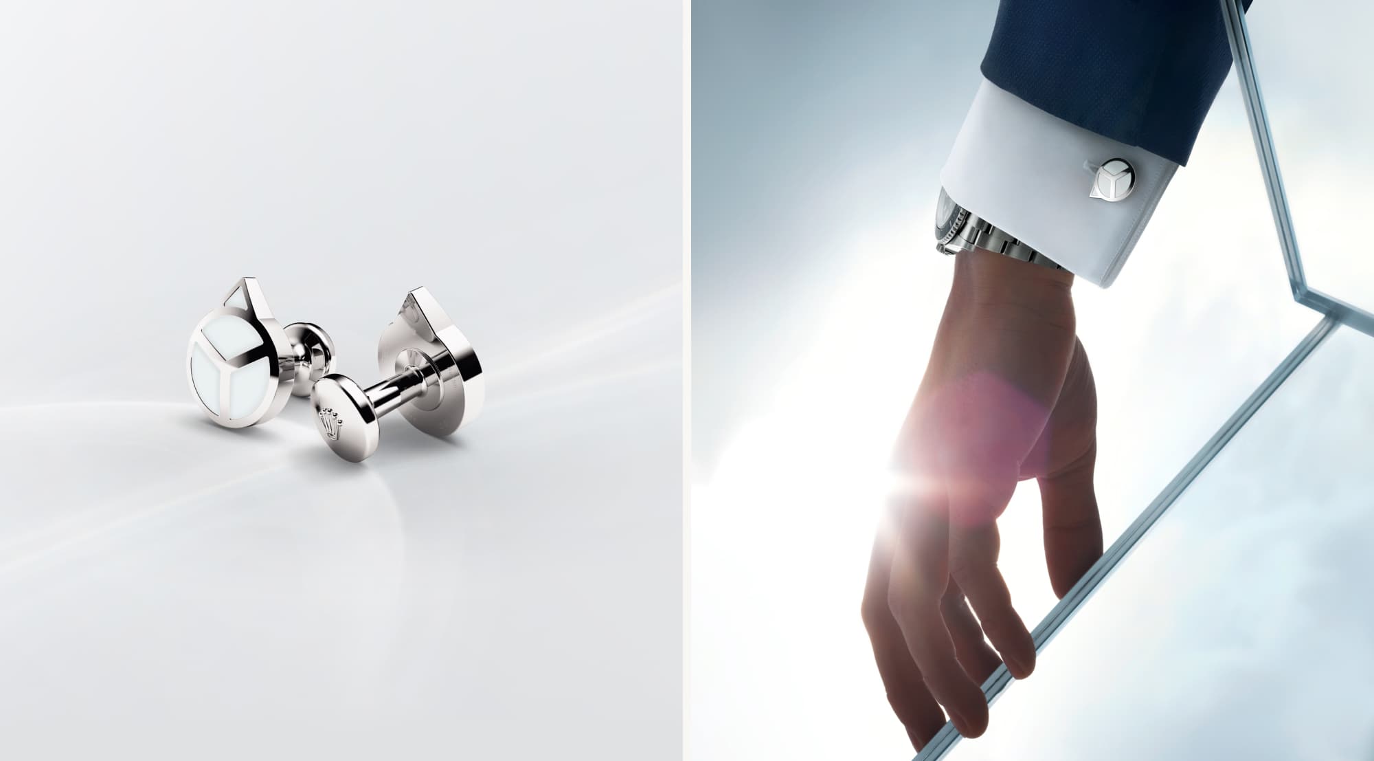 Rolex Accessories: Two images of Rolex 'Hand' cufflinks in white gold, shown in close-up view on the left and modelled on a sleeve on the right. - DAFC
