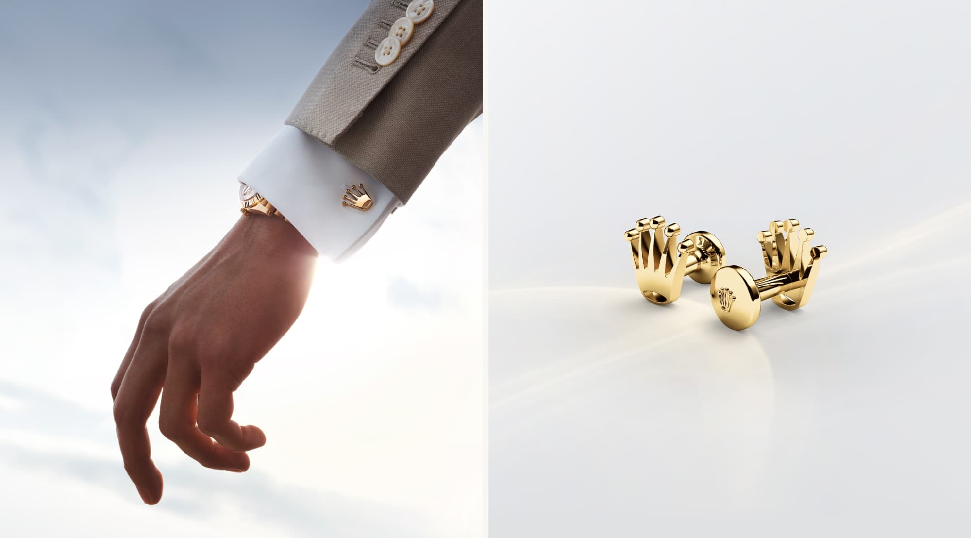 Rolex Accessories: Two images of Rolex 'Crown' cufflinks in 18 ct yellow gold, shown in the left modelled on a sleeve and in close-up view on the right. - DAFC