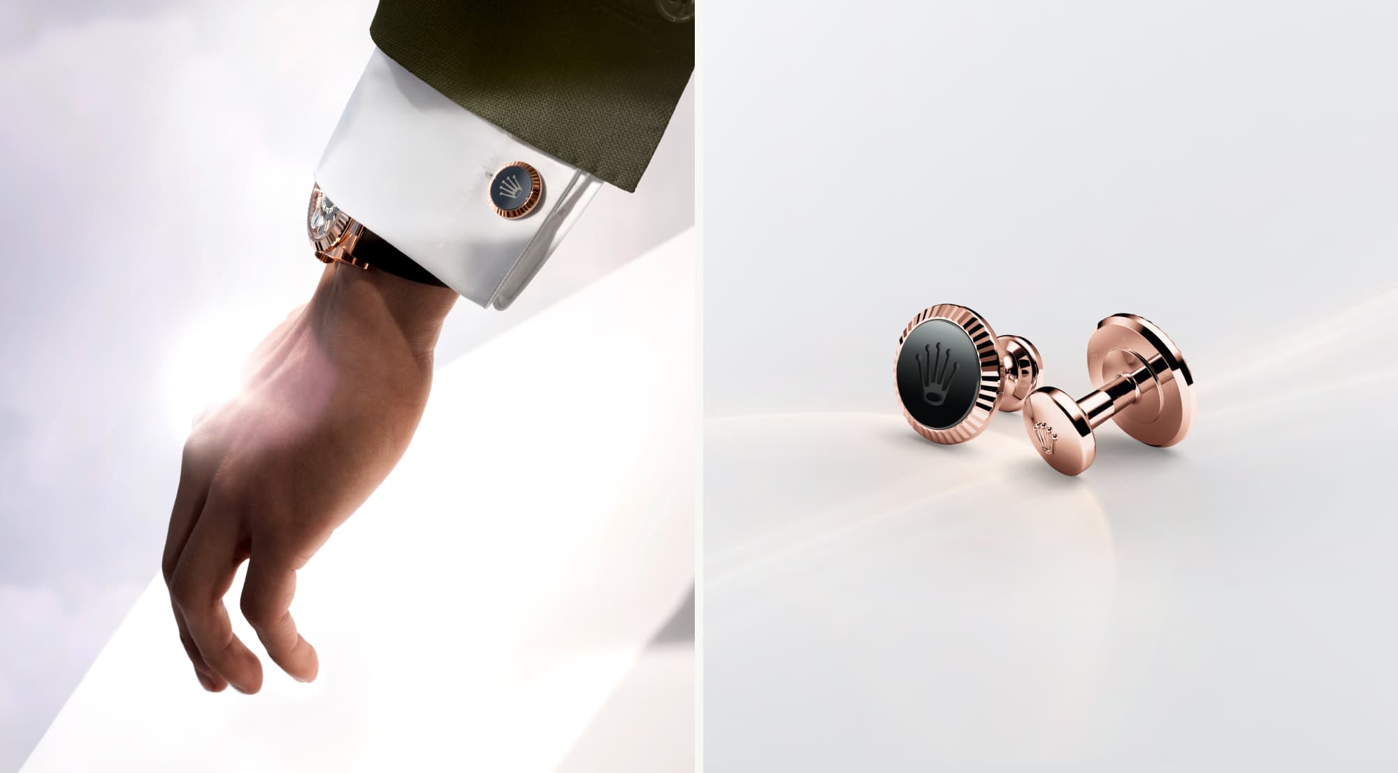 Rolex Accessories: Two images of Rolex 'Fluted' cufflinks in Everose gold, shown in the left modelled on a sleeve and in close-up view on the right. - DAFC