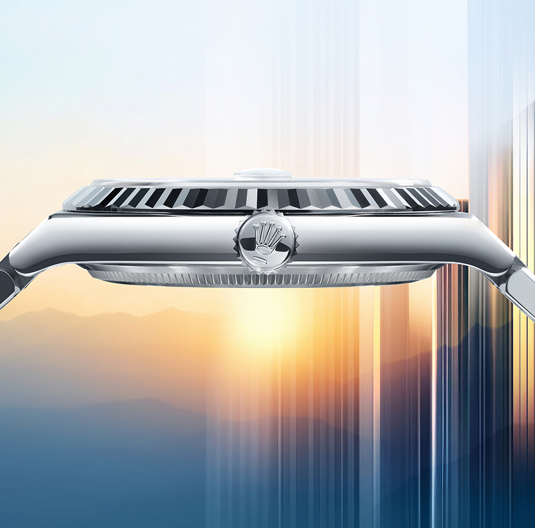 Góc nghiêng của đồng hồ Rolex Oyster Perpetual Land-Dweller làm nổi bật bộ vỏ Oyster được tái thiết kế và vành dạng khía.