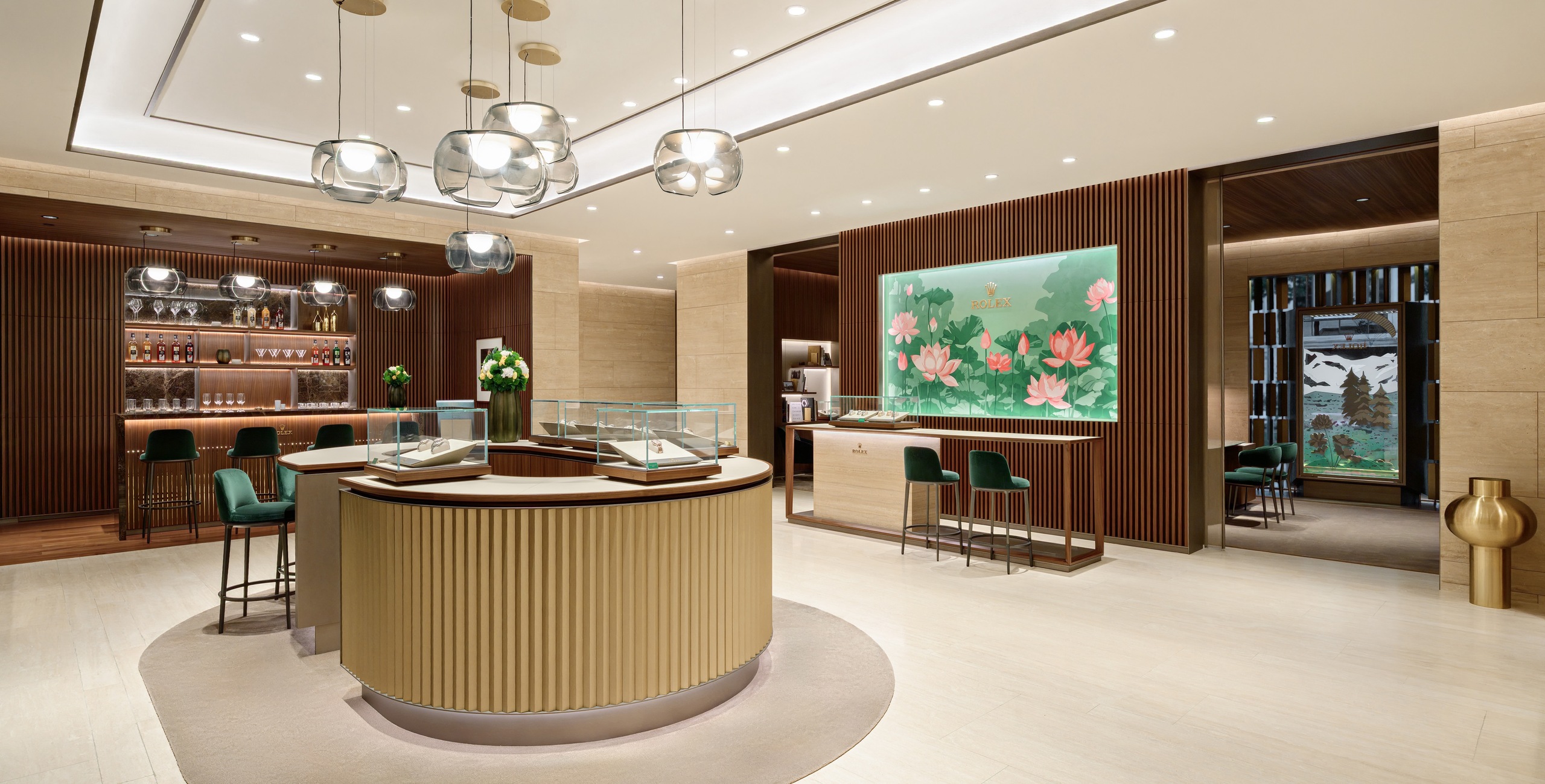 Interior of DAFC Rolex boutique in Vietnam with elegant glass display cases, wooden slatted walls, crystal pendant lights, and luxury watches showcased under warm lighting.