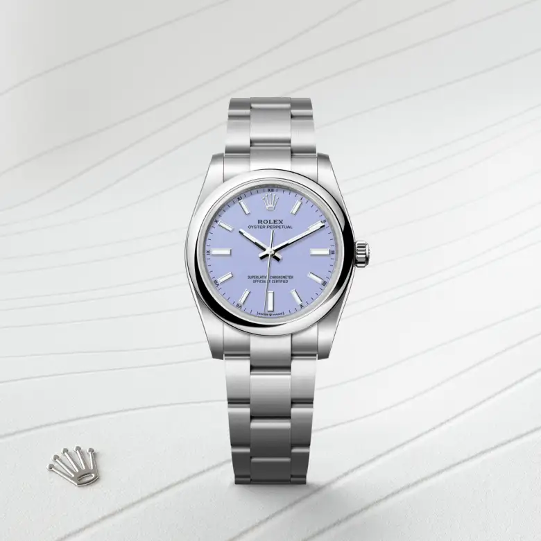 The Rolex Oyster Perpetual 34 in Oystersteel shown against a muted elegant background.