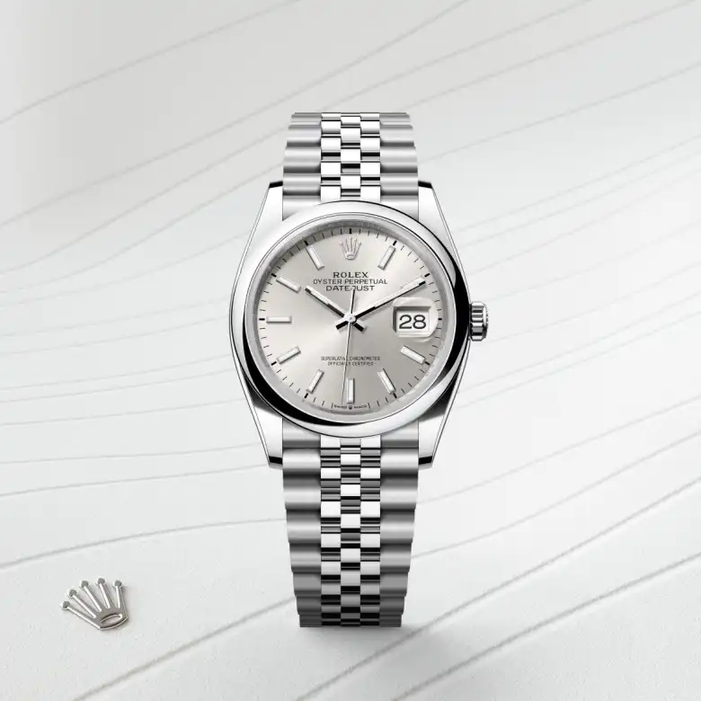 The Rolex Datejust 36 in Oystersteel shown against a muted elegant background.