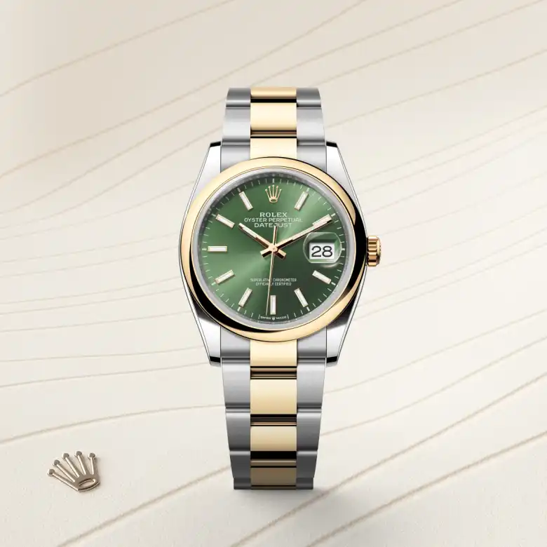 The Rolex Datejust 36 in Oystersteel and yellow gold shown against a muted elegant background.