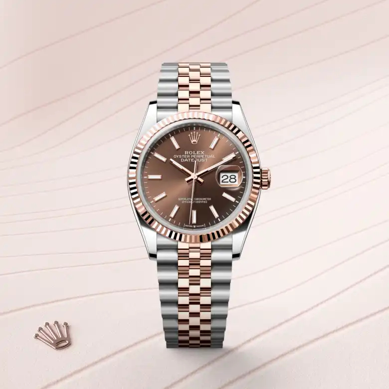 The Rolex Datejust 36 in Oystersteel and Everose gold shown against a muted elegant background.