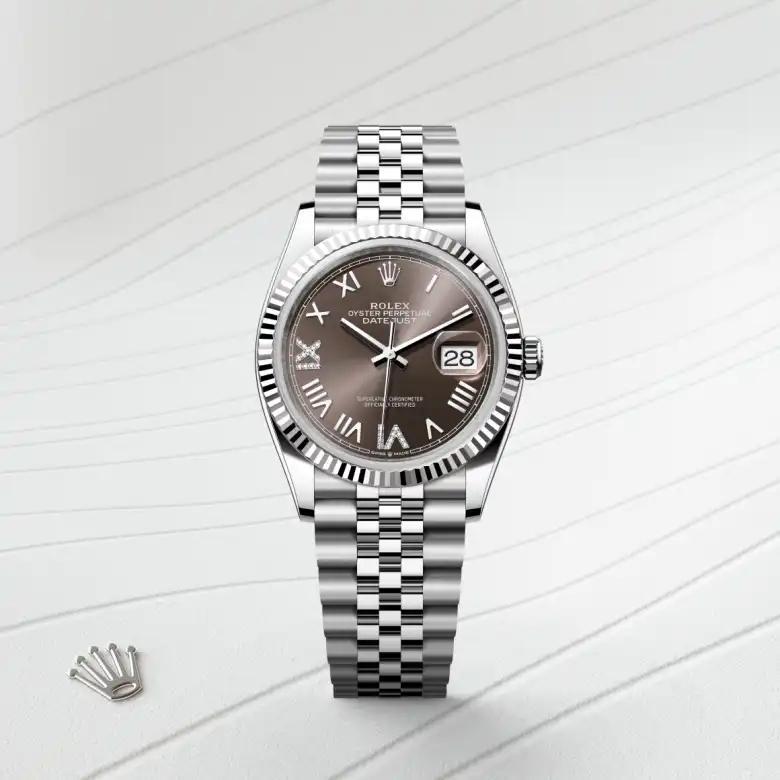 The Rolex Datejust 36 in Oystersteel and white gold shown against a muted elegant background.