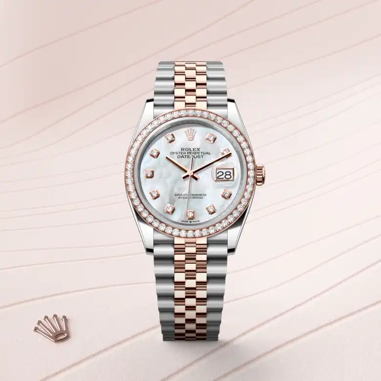 The Rolex Datejust 36 in Oystersteel, Everose gold and diamonds shown against a muted elegant background.