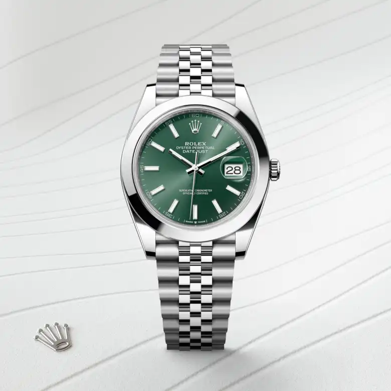 The Rolex Datejust 41 in Oystersteel shown against a muted elegant background.