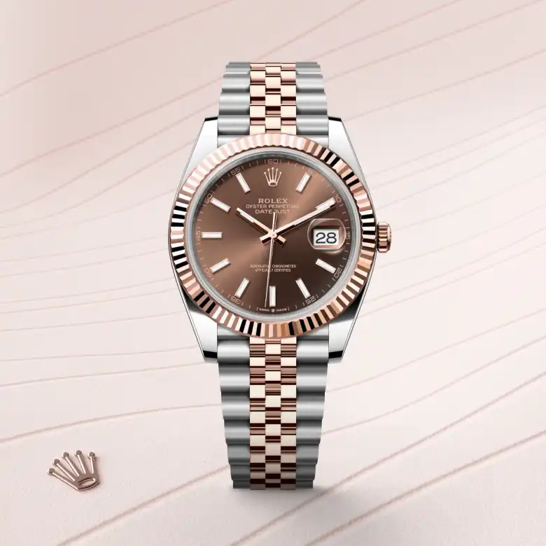 The Rolex Datejust 41 in Oystersteel and Everose gold shown against a muted elegant background.