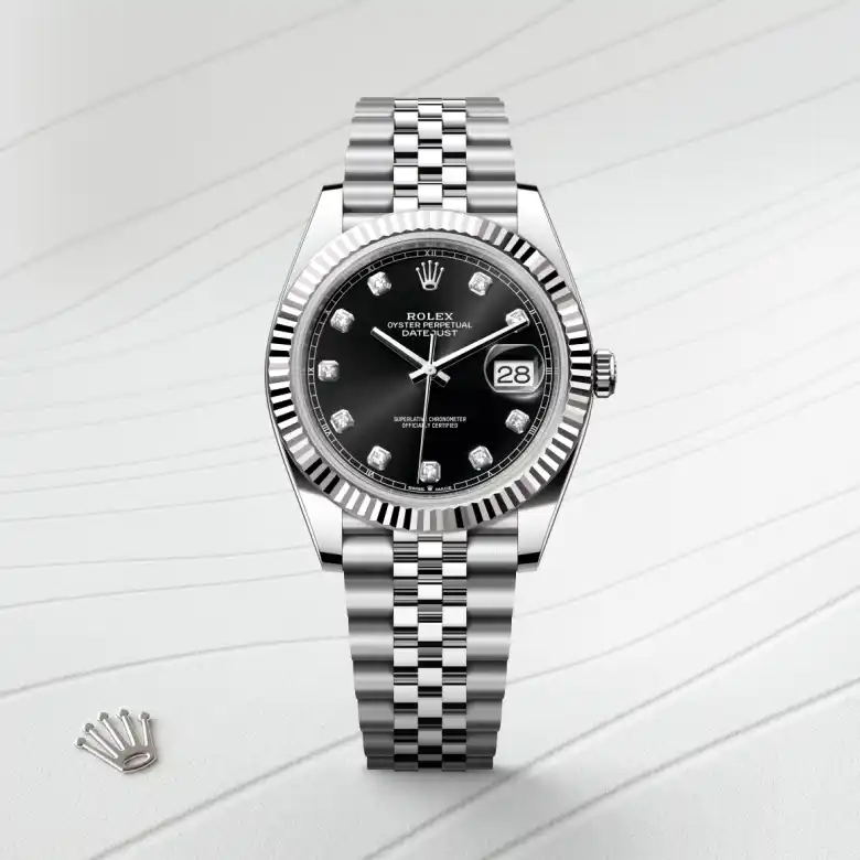 The Rolex Datejust 41 in Oystersteel and white gold shown against a muted elegant background.