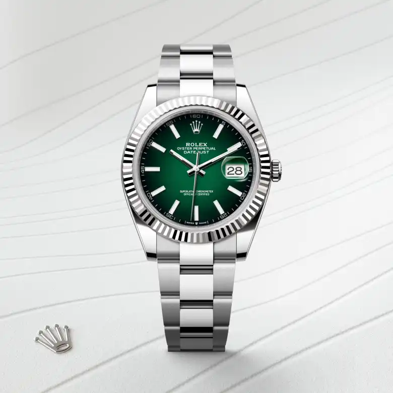 The Rolex Datejust 41 in Oystersteel and white gold shown against a muted elegant background.