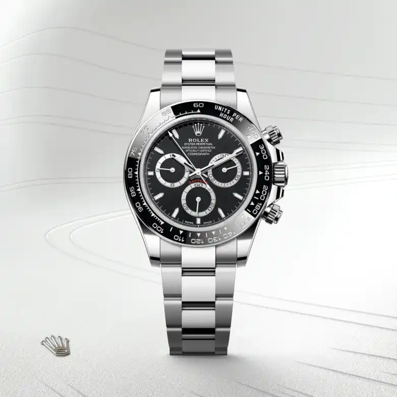 The Rolex Cosmograph Daytona in Oystersteel shown against a muted elegant background.