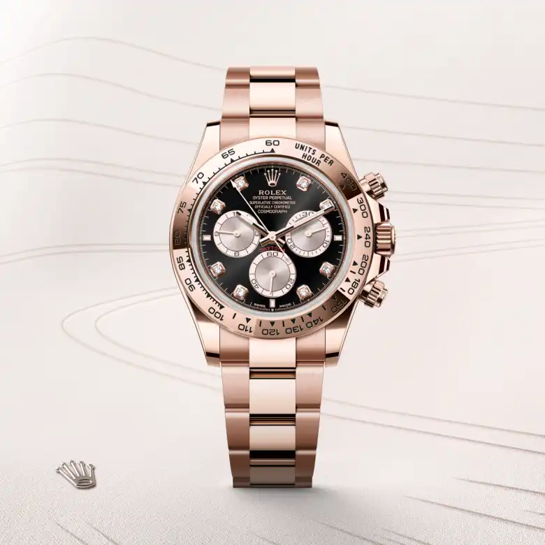 The Rolex Cosmograph Daytona in Everose gold shown against a muted elegant background.