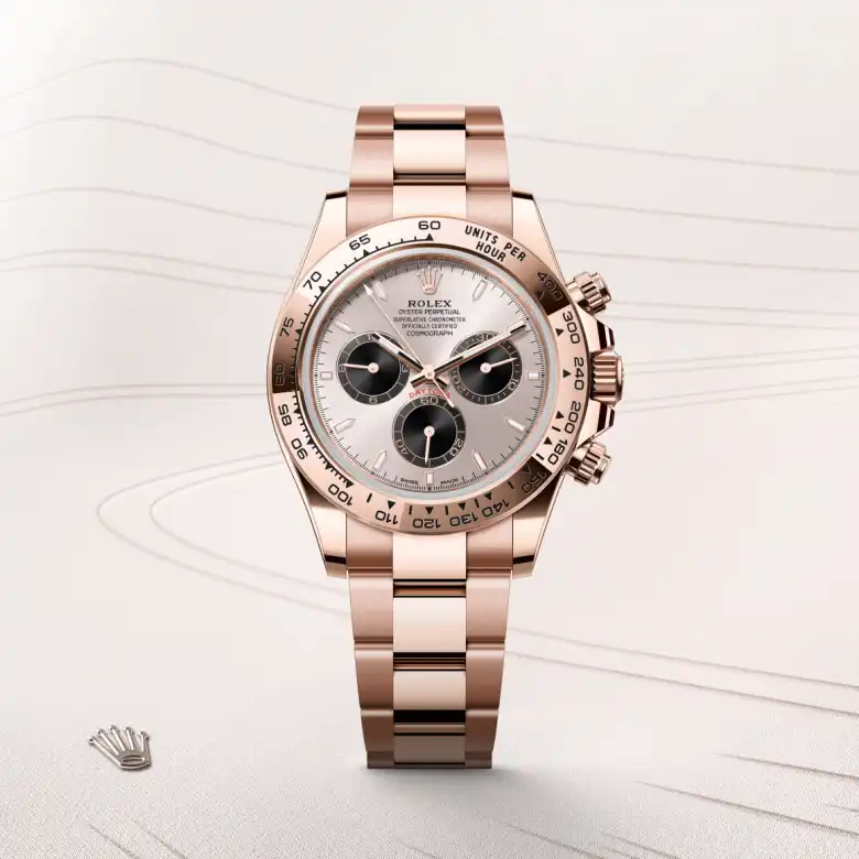 The Rolex Cosmograph Daytona in Everose gold shown against a muted elegant background.