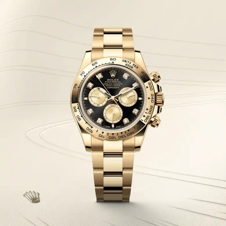 The Rolex Cosmograph Daytona in yellow gold shown against a muted elegant background.