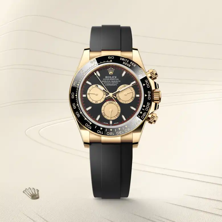The Rolex Cosmograph Daytona in yellow gold shown against a muted elegant background.