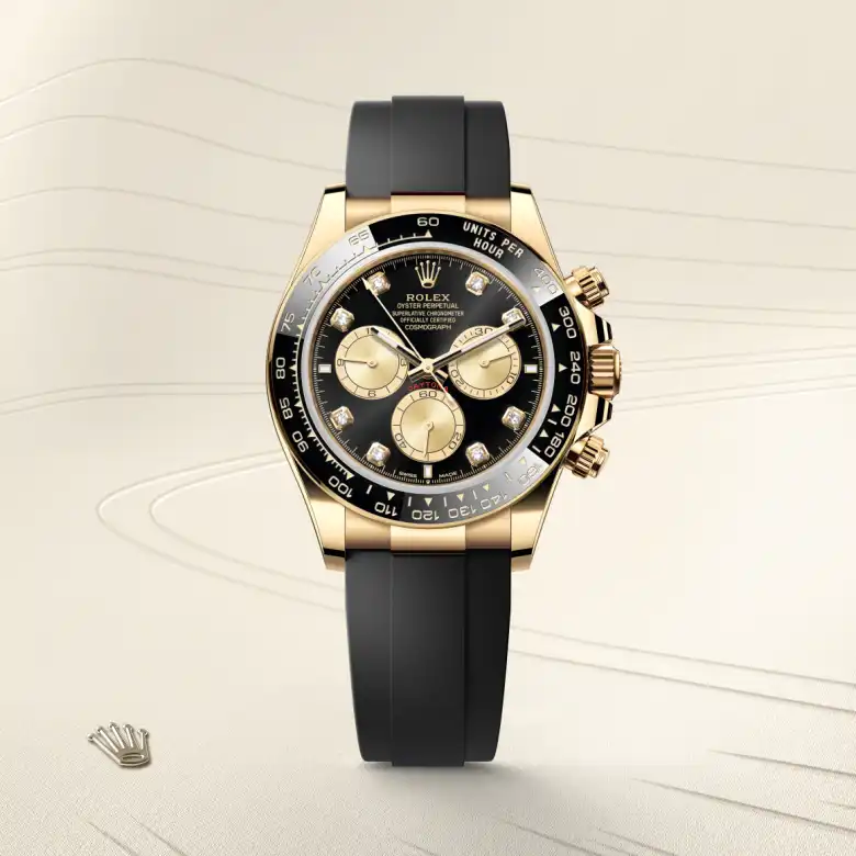 The Rolex Cosmograph Daytona in yellow gold shown against a muted elegant background.