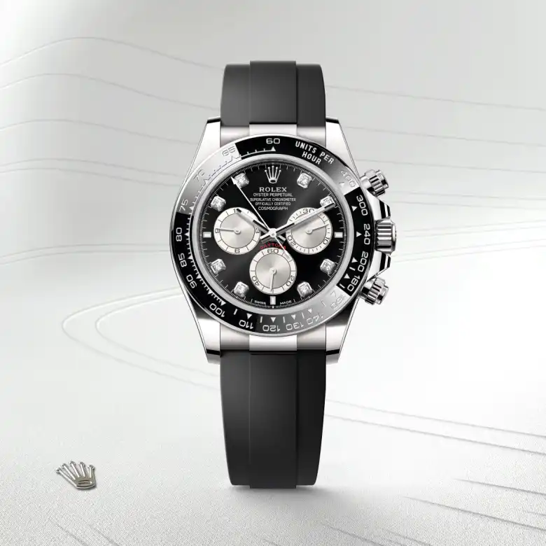 The Rolex Cosmograph Daytona in white gold shown against a muted elegant background.