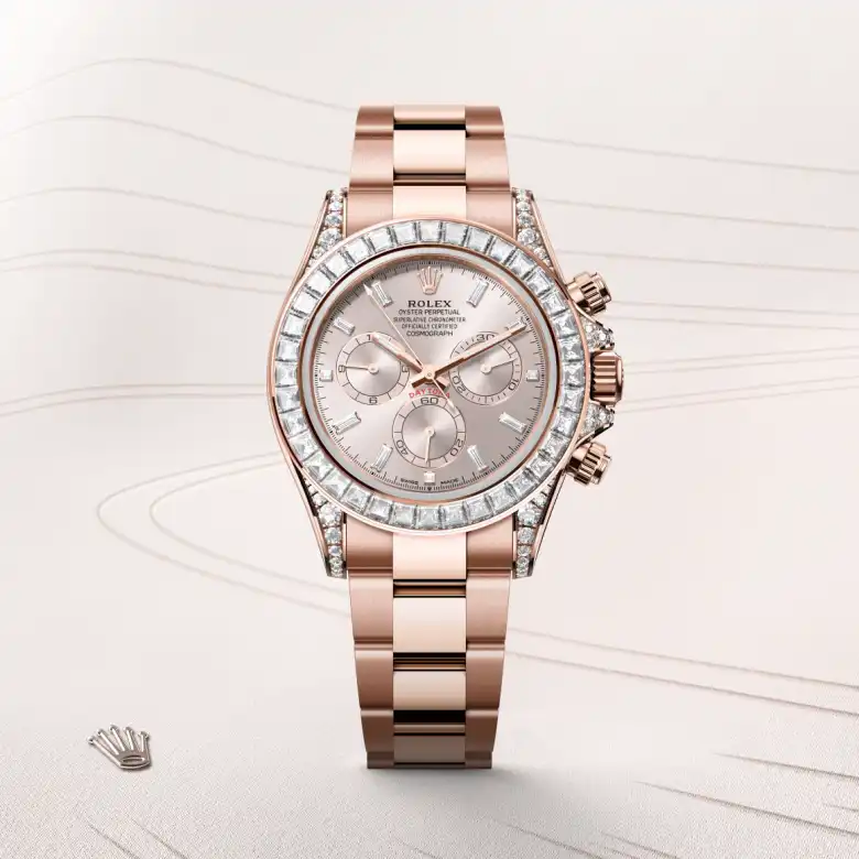 The Rolex Cosmograph Daytona in Everose gold and diamonds shown against a muted elegant background.