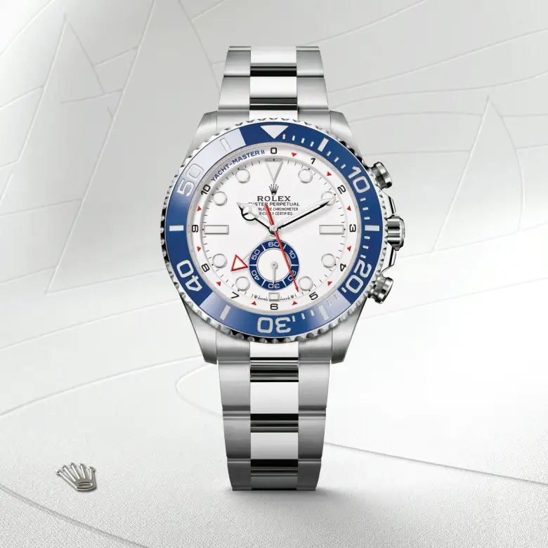 The Rolex Yacht-Master II in Oystersteel shown against a muted elegant background.