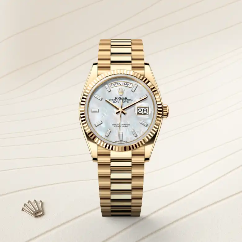 The Rolex Day-Date 36 in yellow gold shown against a muted elegant background.