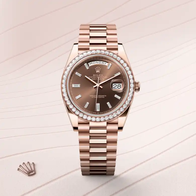 The Rolex Day-Date 40 in Everose gold and diamonds shown against a muted elegant background.