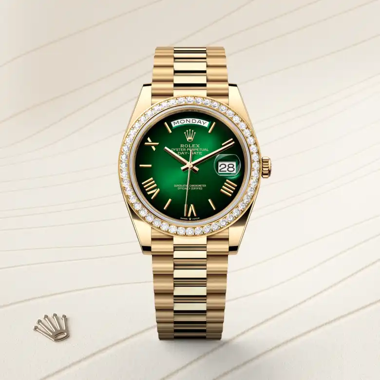 The Rolex Day-Date 40 in yellow gold and diamonds shown against a muted elegant background.