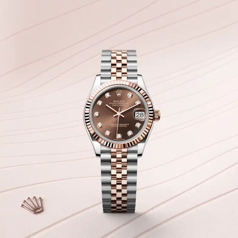 The Rolex Datejust 31 in Oystersteel and Everose gold shown against a muted elegant background.