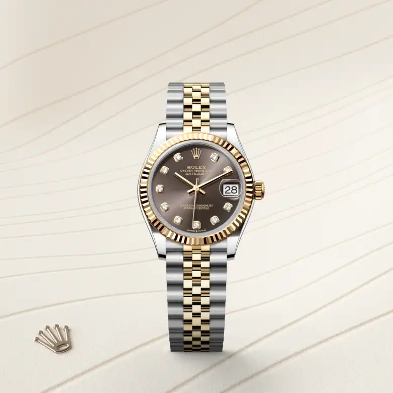 The Rolex Datejust 31 in Oystersteel and yellow gold shown against a muted elegant background.