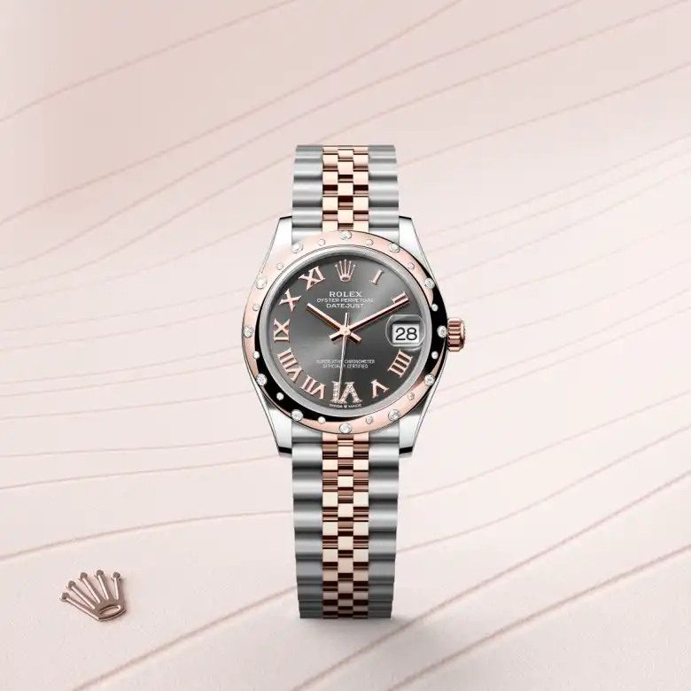 The Rolex Datejust 31 in Oystersteel, Everose gold and diamonds shown against a muted elegant background.