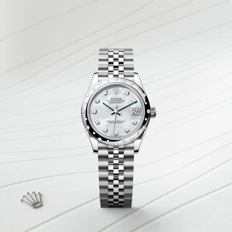 The Rolex Datejust 31 in Oystersteel, white gold and diamonds shown against a muted elegant background.