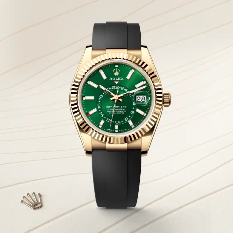 The Rolex Sky-Dweller in yellow gold shown against a muted elegant background.