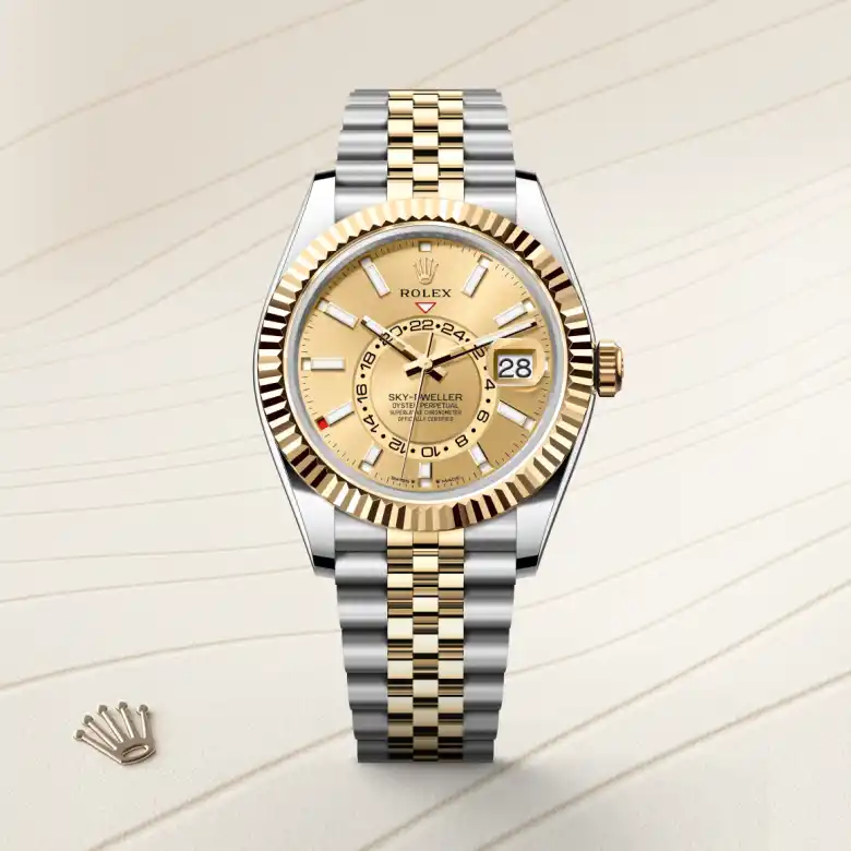 The Rolex Sky-Dweller in Oystersteel and yellow gold shown against a muted elegant background.