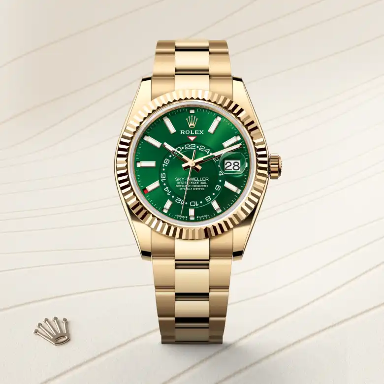 The Rolex Sky-Dweller in yellow gold shown against a muted elegant background.