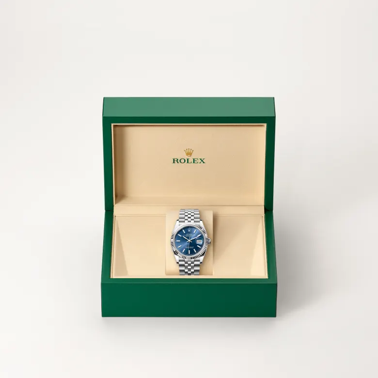 The Rolex Datejust 36 in Oystersteel and white gold in the Rolex presentation box.