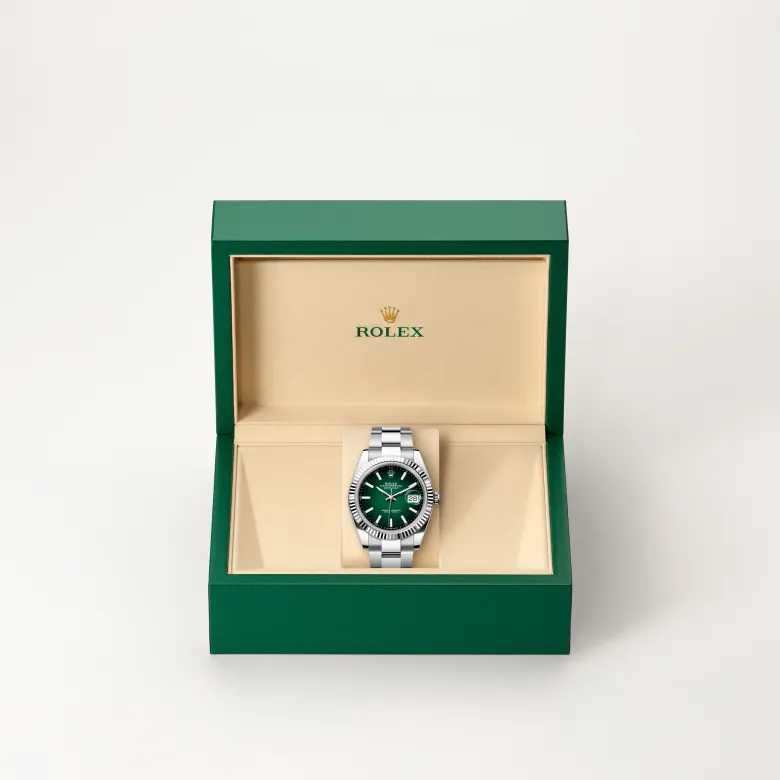 The Rolex Datejust 41 in Oystersteel and white gold in the Rolex presentation box.