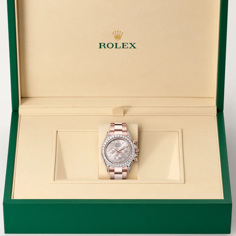 The Rolex Cosmograph Daytona in Everose gold and diamonds in the Rolex presentation box.