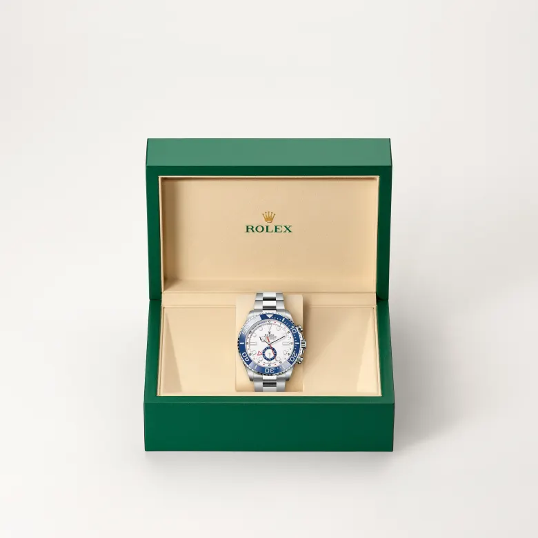 The Rolex Yacht-Master II in Oystersteel in the Rolex presentation box.