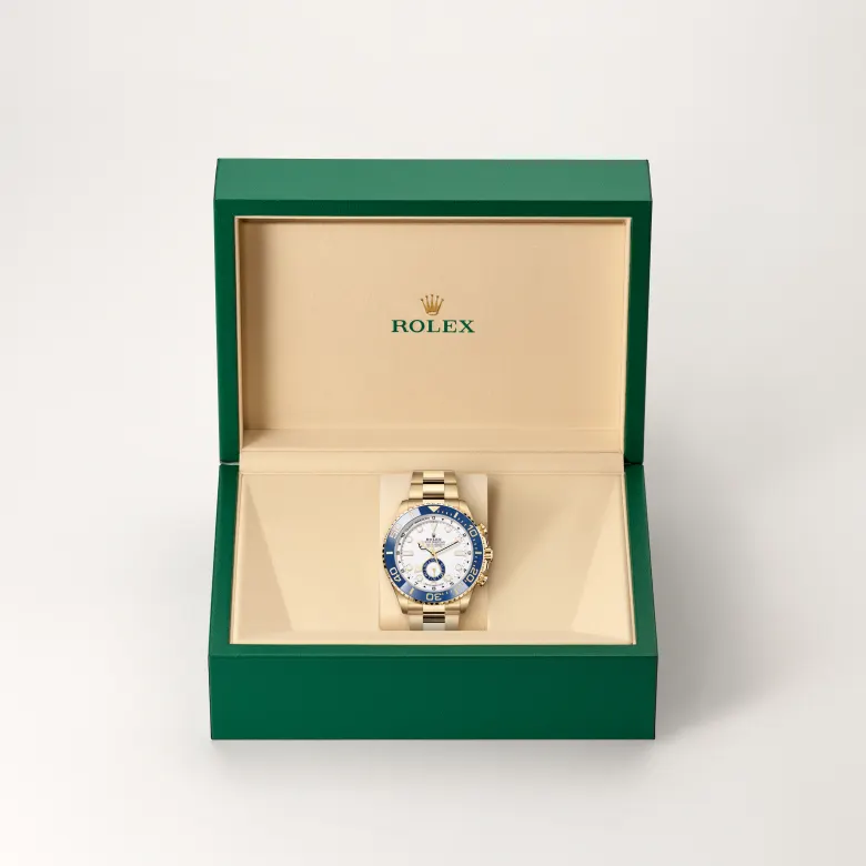 The Rolex Yacht-Master II in yellow gold in the Rolex presentation box.