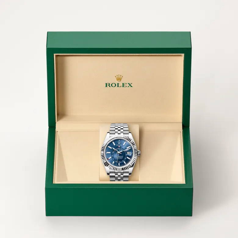 The Rolex Sky-Dweller in Oystersteel and white gold in the Rolex presentation box.