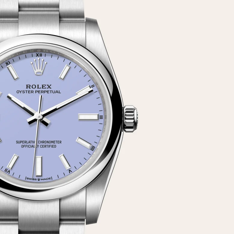 A close-up view of the Rolex Oyster Perpetual 34 in Oystersteel.