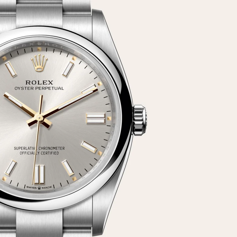 A close-up view of the Rolex Oyster Perpetual 36 in Oystersteel.