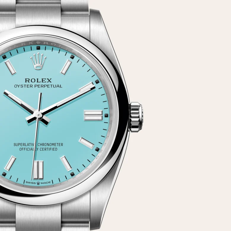 A close-up view of the Rolex Oyster Perpetual 36 in Oystersteel.