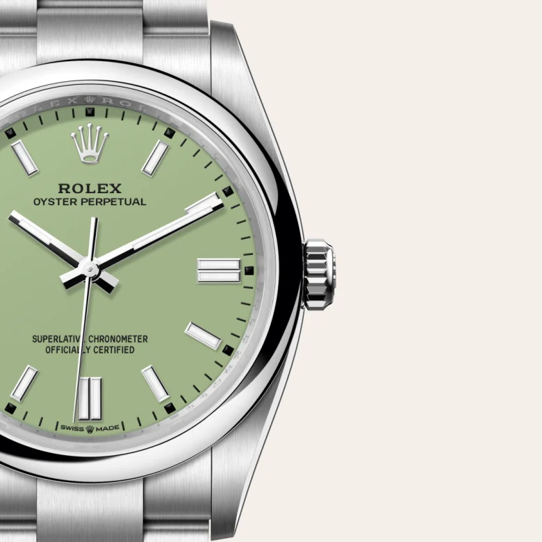 A close-up view of the Rolex Oyster Perpetual 36 in Oystersteel.