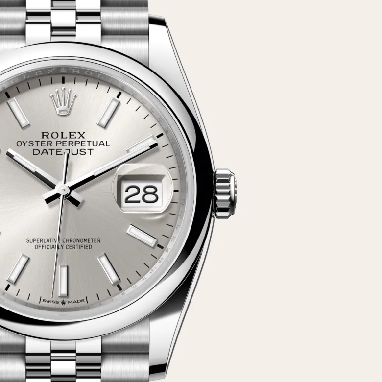 A close-up view of the Rolex Datejust 36 in Oystersteel.