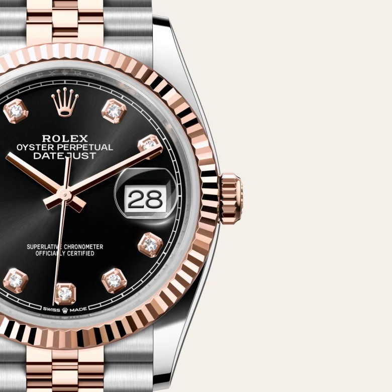 Cận cảnh đồng hồ Rolex Datejust 36 chế tác từ thép Oystersteel và vàng Everose.